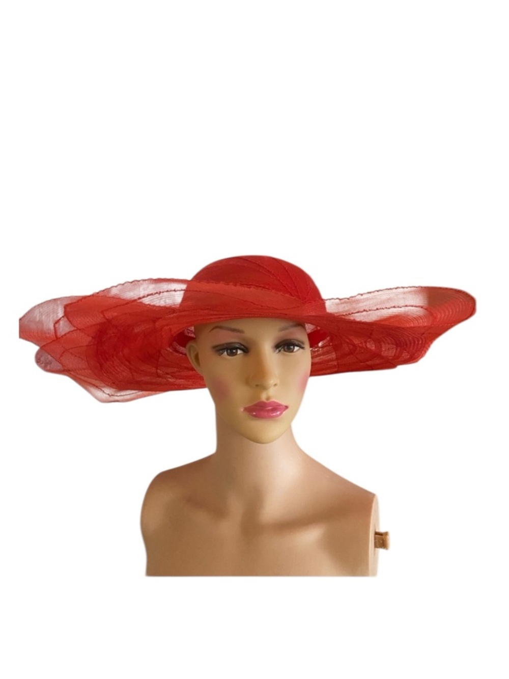 Elegant Red Wide-Brim Hat Semi Sheer Kentucky Derby